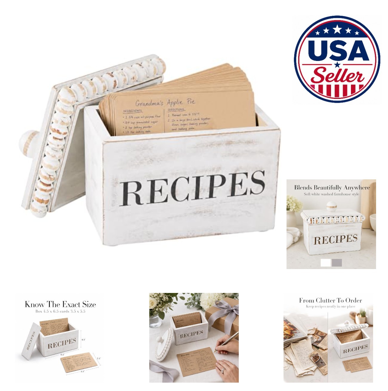 White Beaded Recipe Box with Cards Mango Wood 4.5×6.5 Inch Kitchen Storage