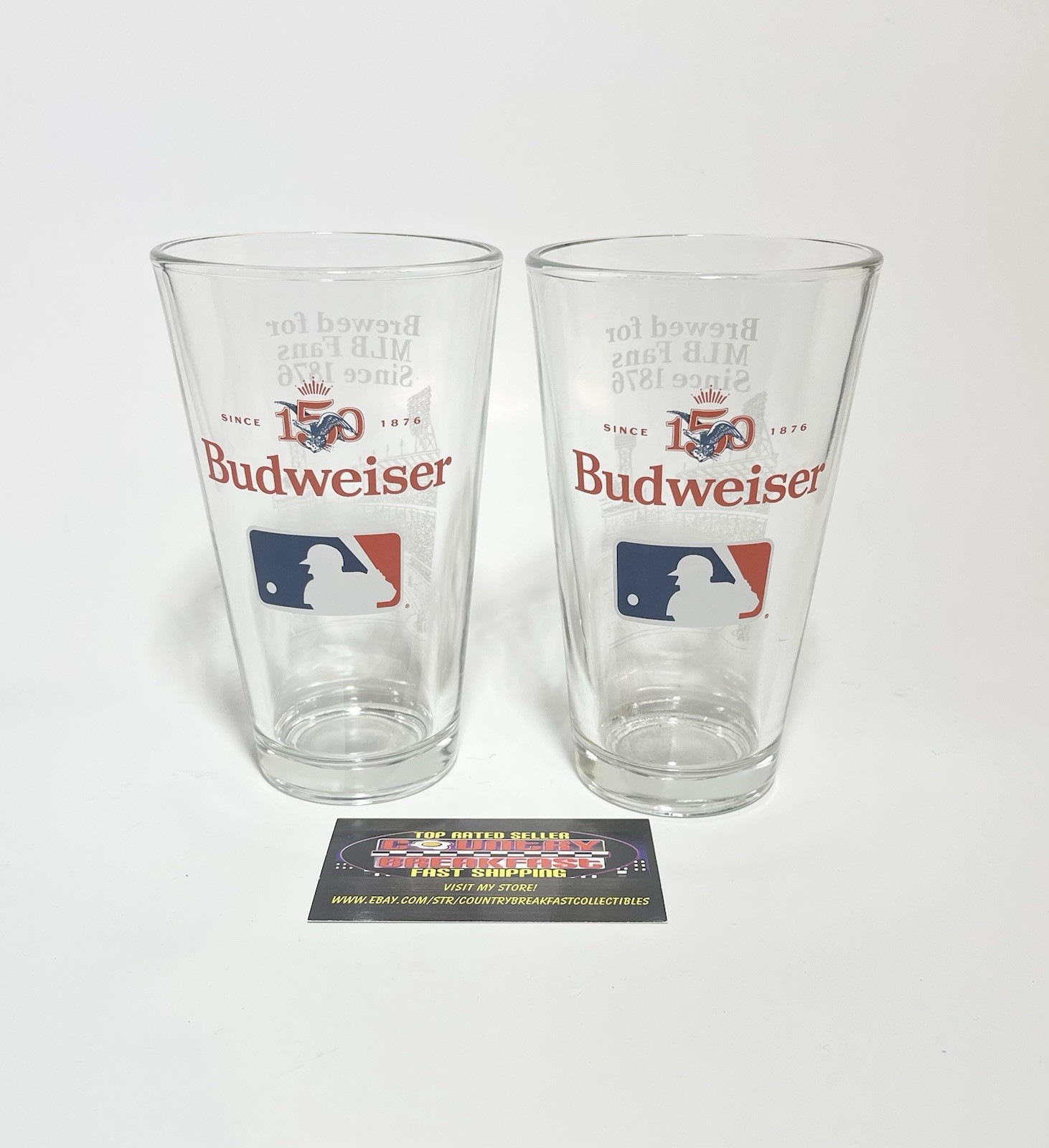 Budweiser 150th Anniversary MLB Baseball 16 Oz Pint Beer Glasses Set Of (2) New!