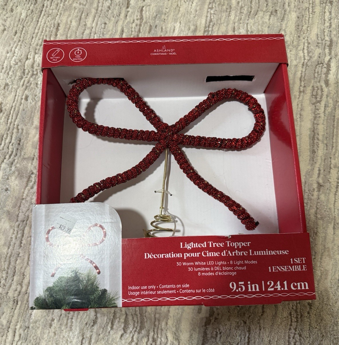 Ashland Red Bow Tree Topper Lighted Warm White 30 LED Lights 9.5 in