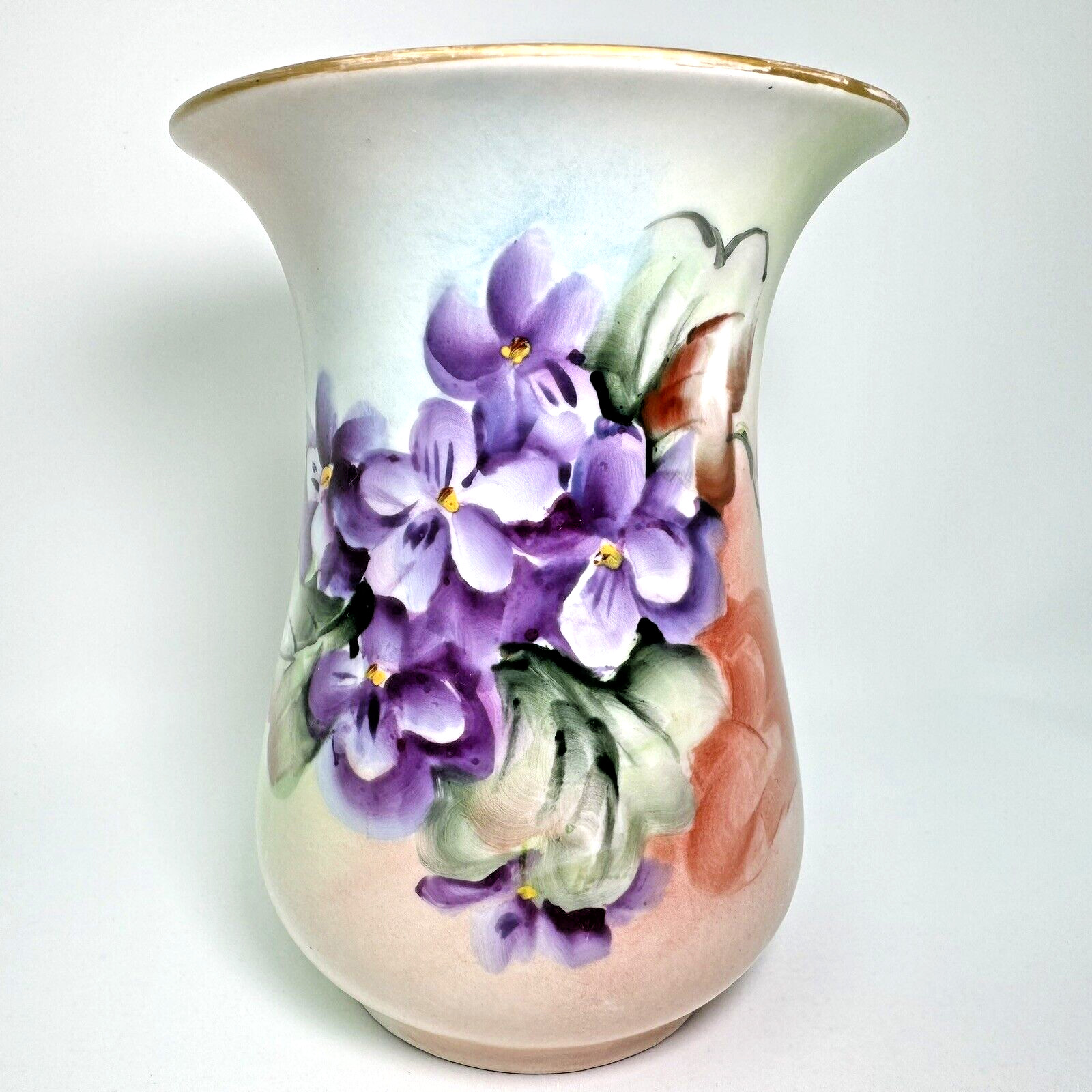 1900-1919 – HOHENZOLLERN Germany VASE – Hand Painted VIOLETS on China – Gold Rim