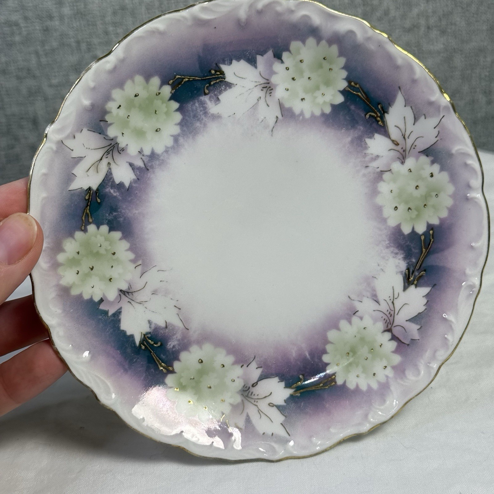 Antique Flower Floral Purple Leaves Gold Unmarked Germany Art Deco Saucer Plate