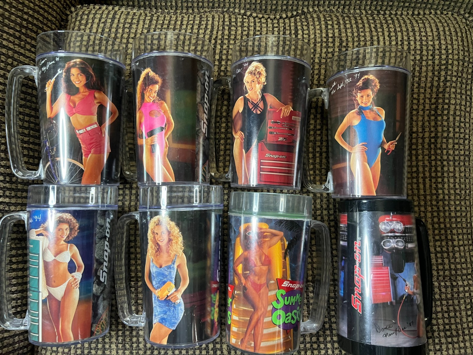 Vintage SNAP-ON TOOLS Thermo-Serv Tool Girl Plastic Mugs BANK ORNAMENT LOT