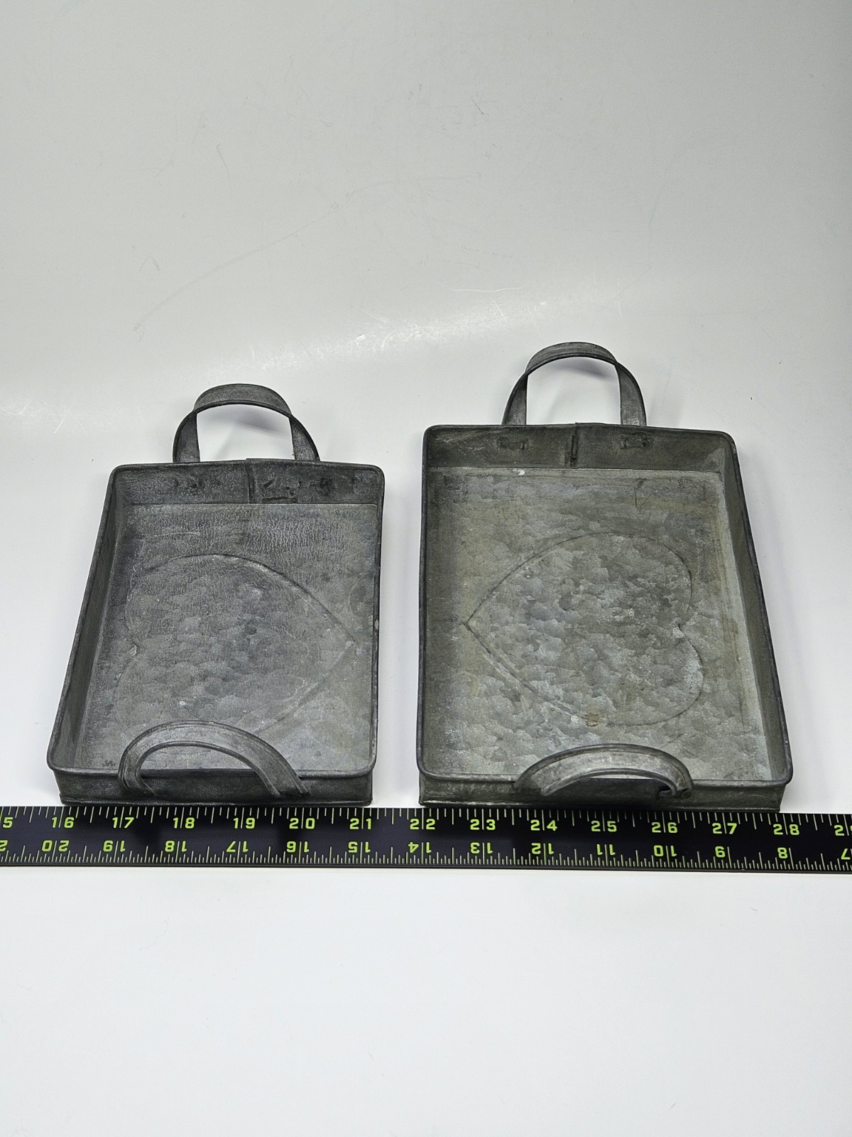 Set/3 Rectangular Rustic Galvanized Steel Heart Stamped Nesting Trays Handles