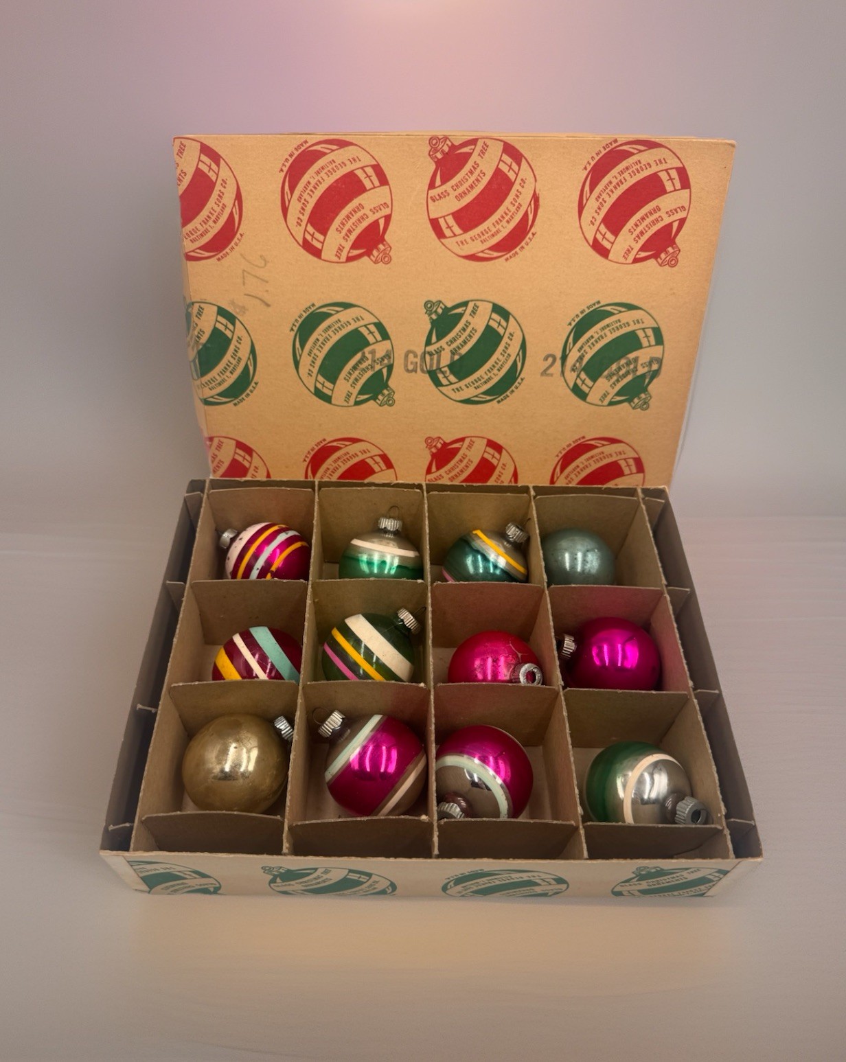 Vintage Shiny Brite 12 Glass Christmas Ornaments 2.25” w/ Box USA Various Styles
