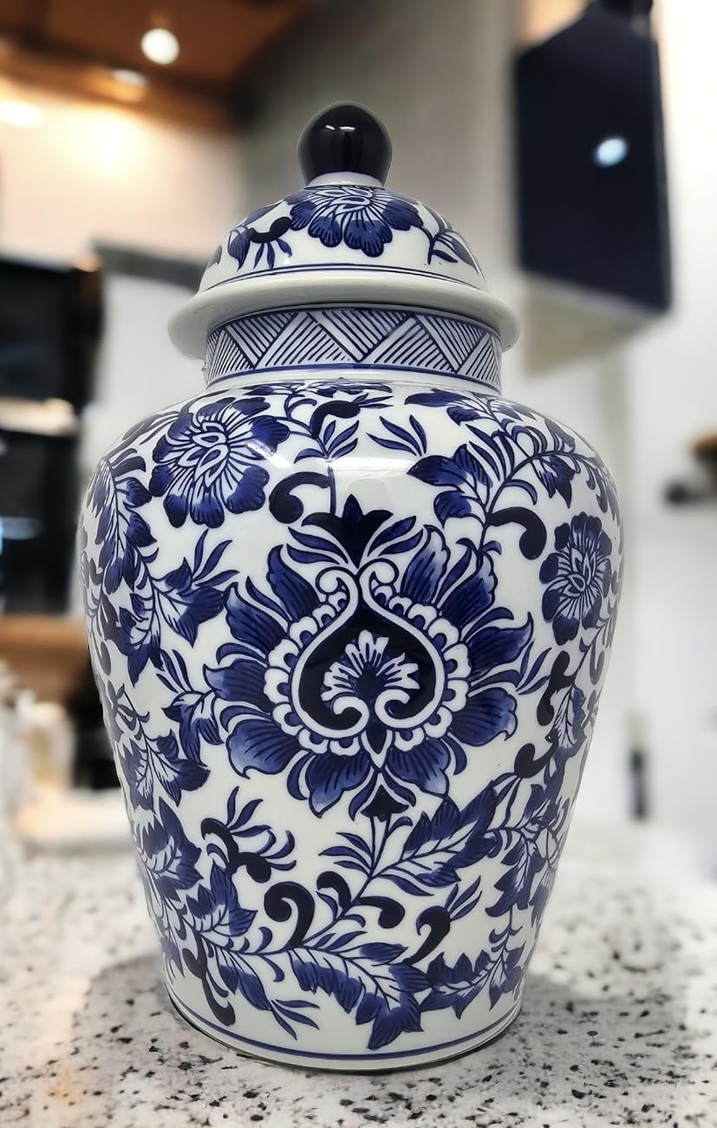 Festcool 14″ Blue and White Porcelain Floral Temple Ginger Jar Vase, China Qi…