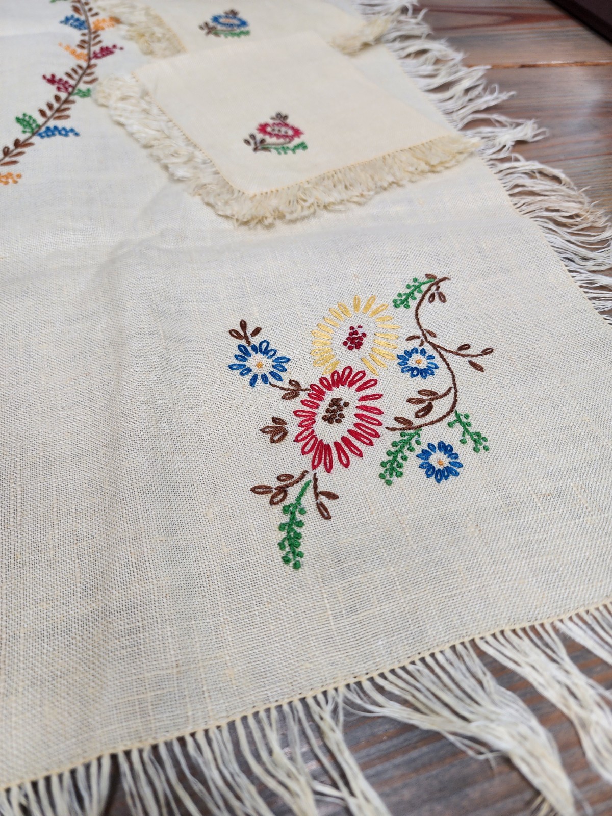 Vintage Table Linen Hand Embroidered Tablecloth 32″x32″ 4 Napkins