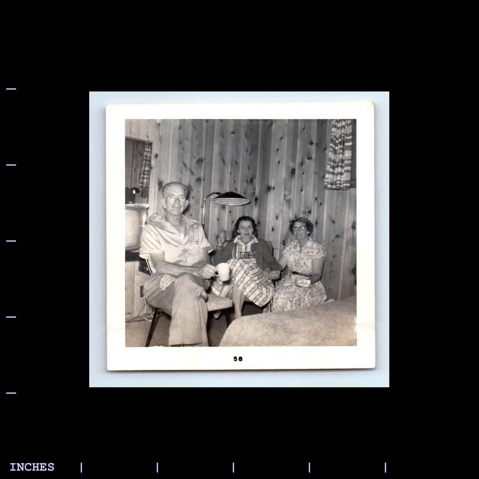 Old Square Photo MAN WOMEN SITTING IN BEDROOM TELEVISION BED 1958