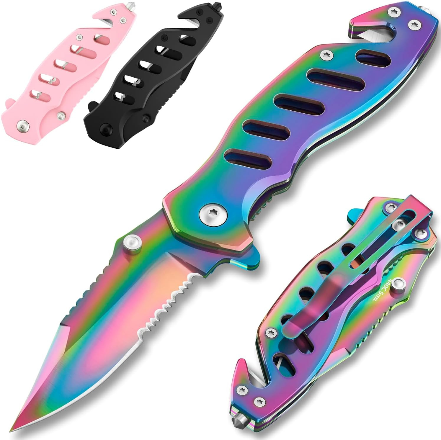 Legal Rainbow Pocket Knife with Glass Breaker Seatbelt Cutter – 2.68 Inch Sharp
