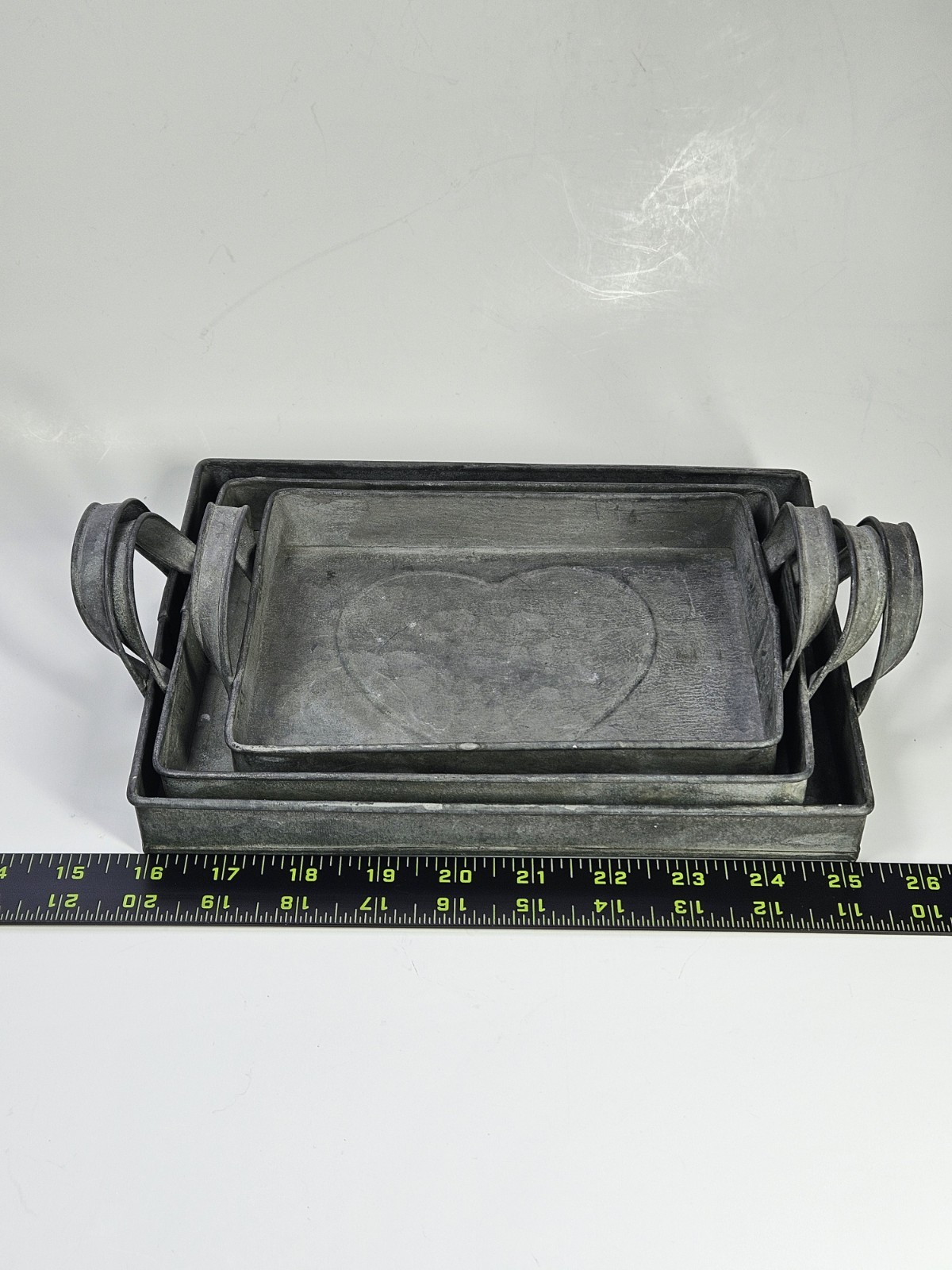 Set/3 Rectangular Rustic Galvanized Steel Heart Stamped Nesting Trays Handles
