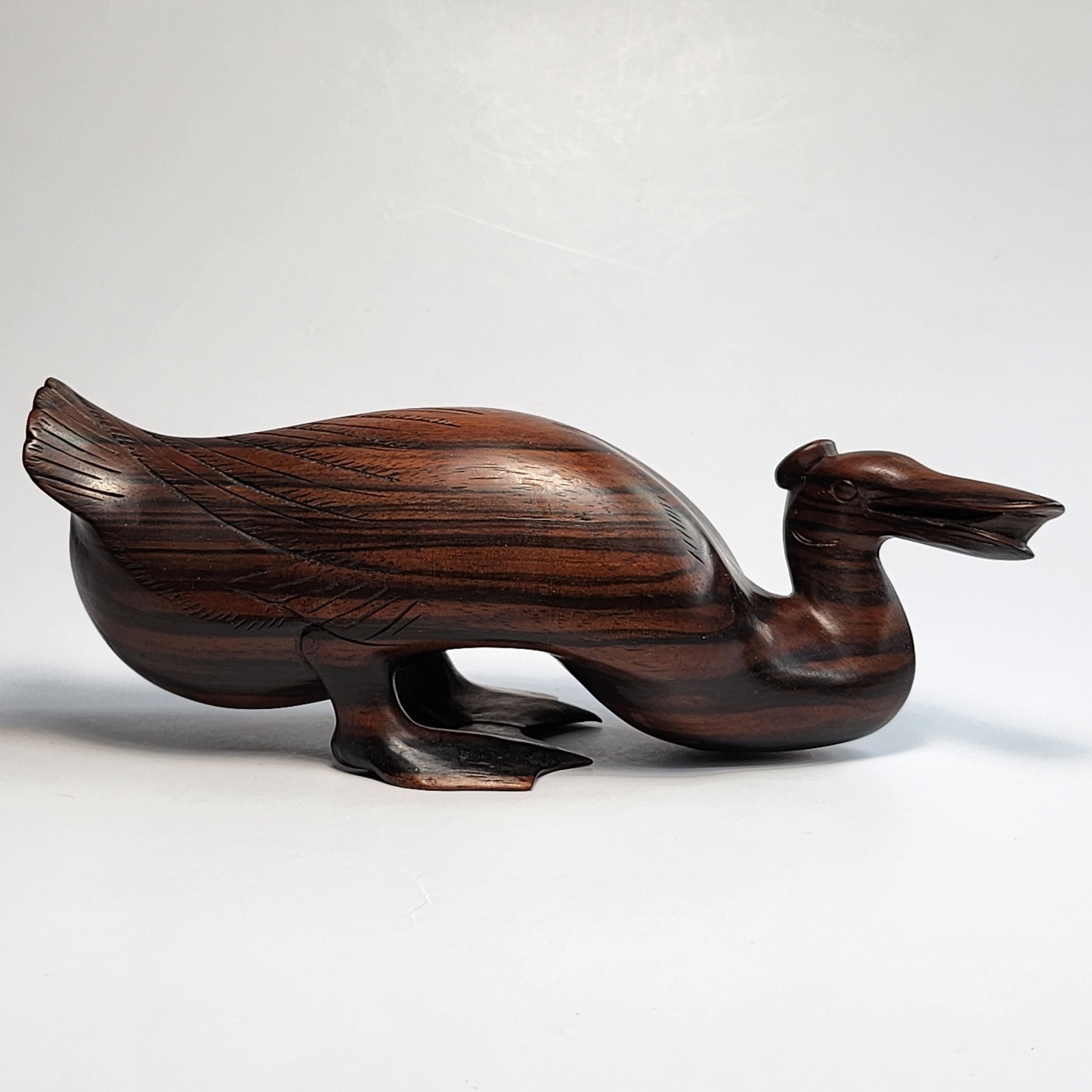 Vintage Hand Carved Wooden Duck Rustic Folk Art Striped Hardwood Sculpture MCM