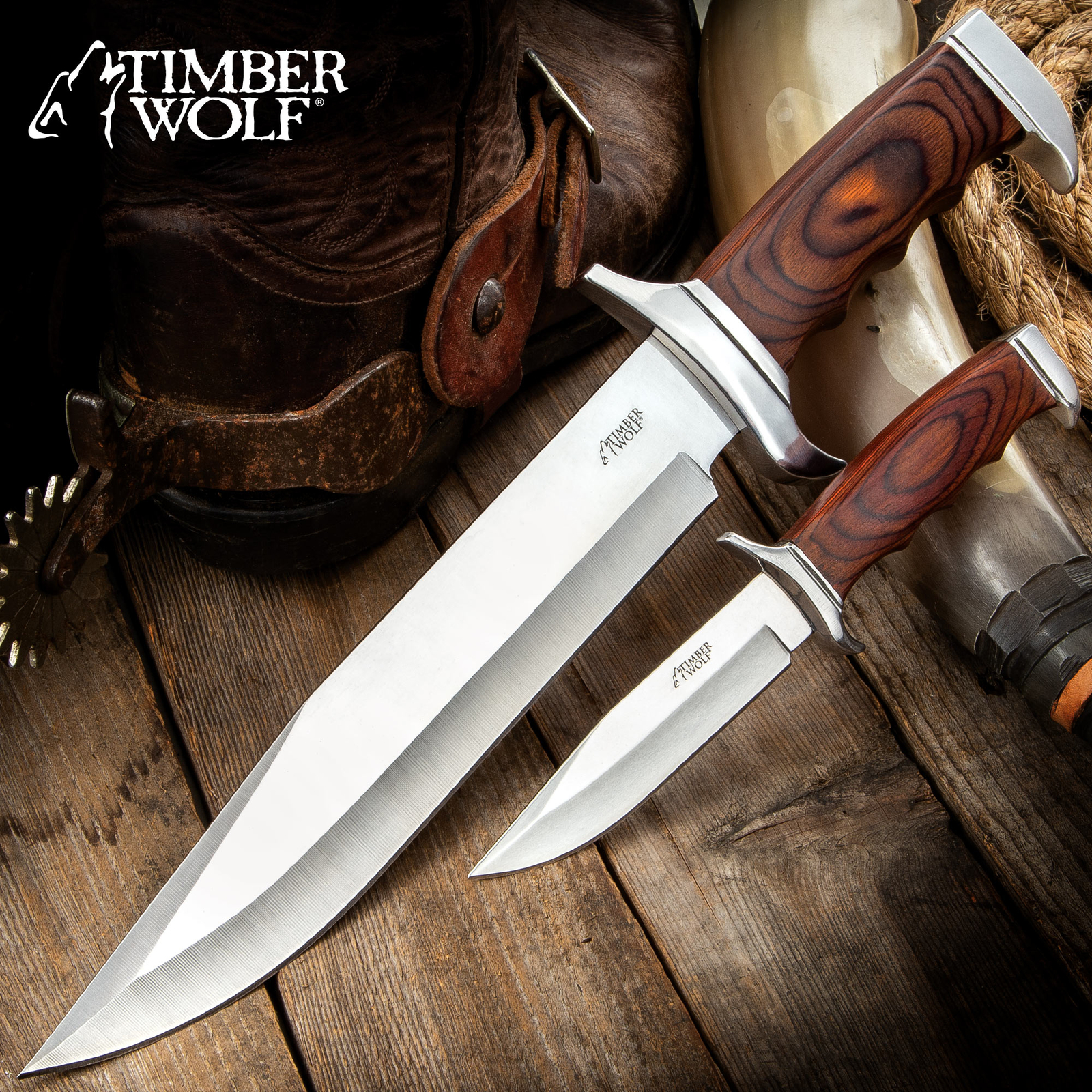 2pc Hunting Wild Fixed Blade Knife Set Bowie Survival Wood Fishing w/ Sheath