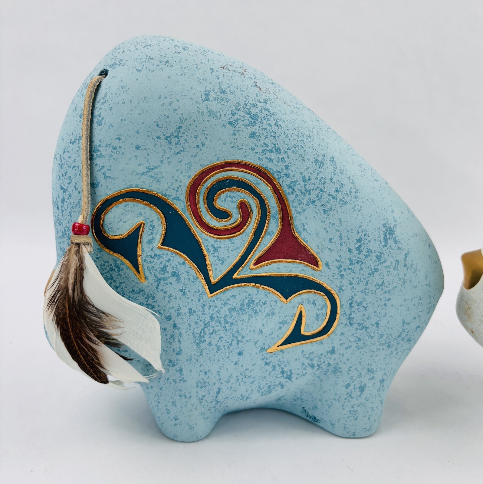 S. Kehler Signed Art Pottery Buffalo Figurines Set of 2 Gold Horn Feather 8″