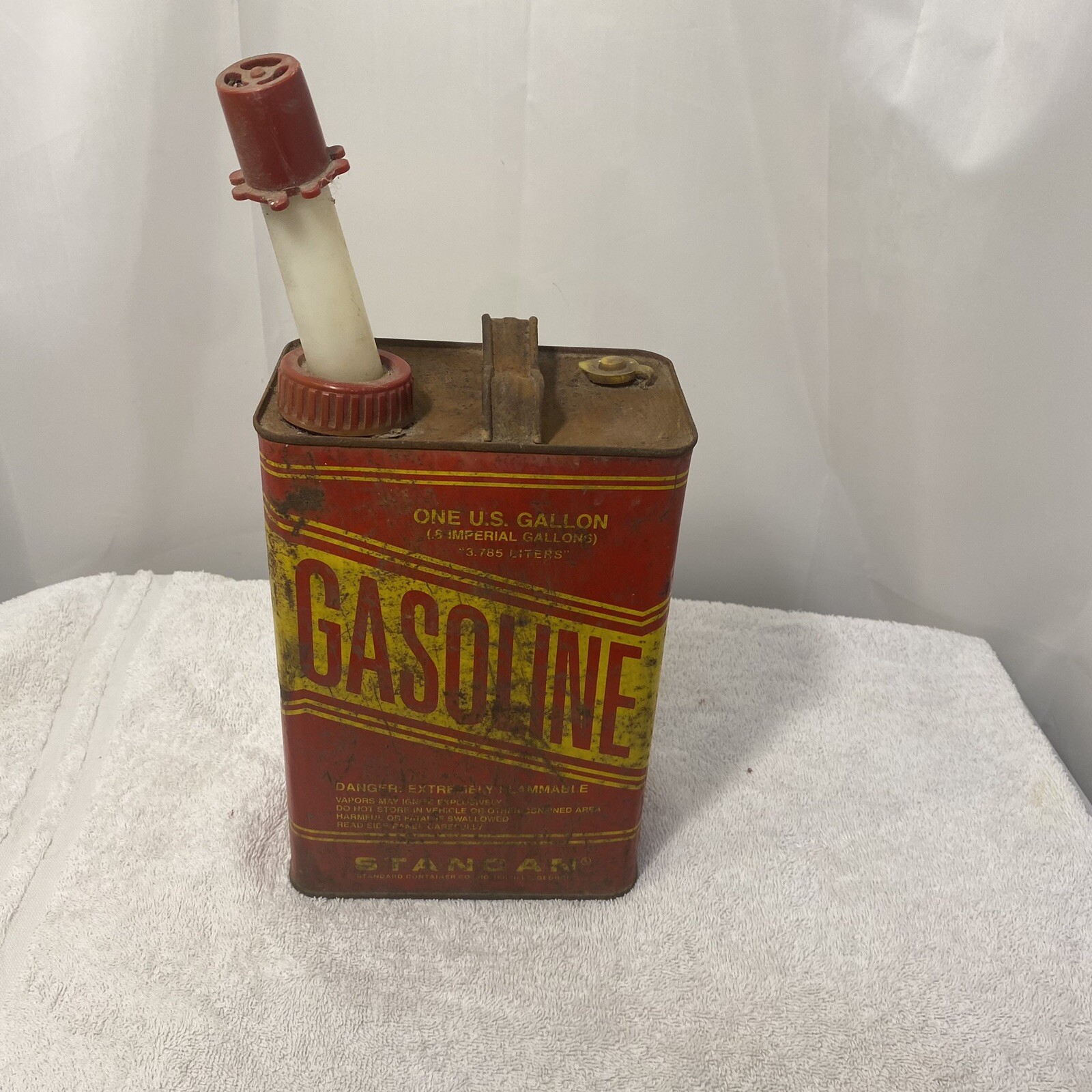 Vintage Stancan 1 Gallon Metal Gas Can with Safety Push Spout