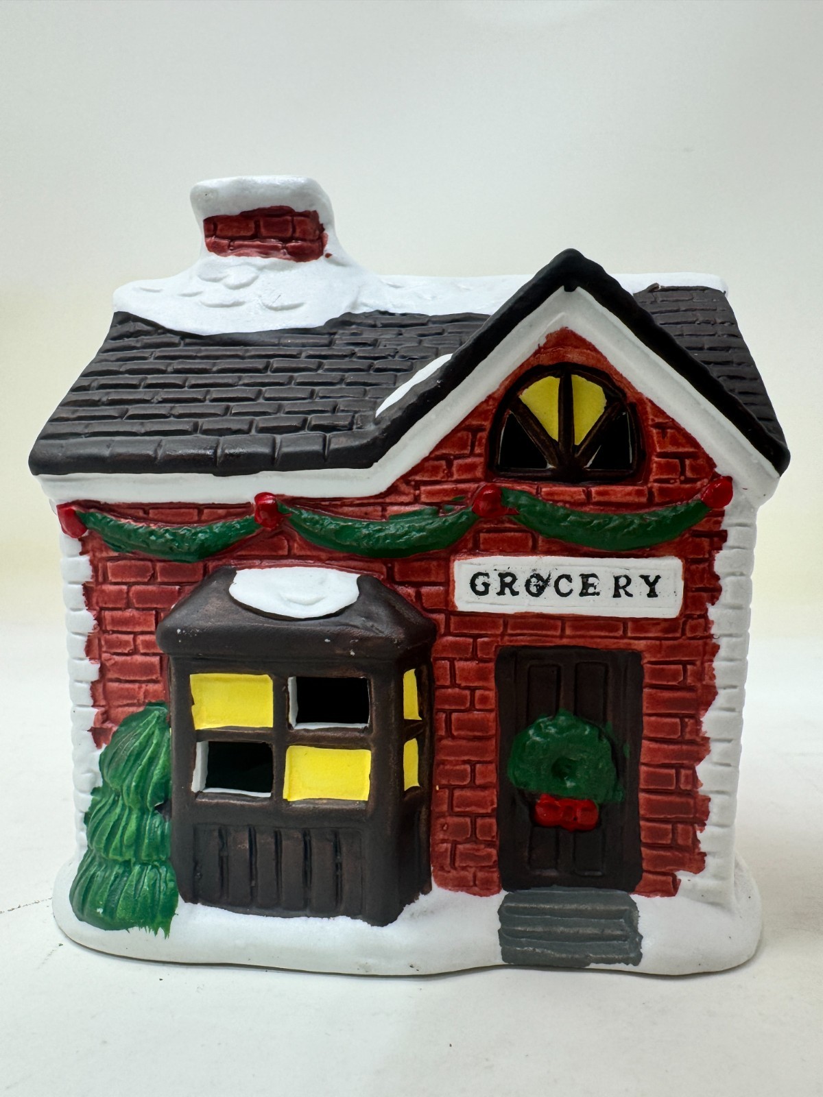Christmas Village Grocery Store Ceramic House Red Brick Snow Holiday Decor