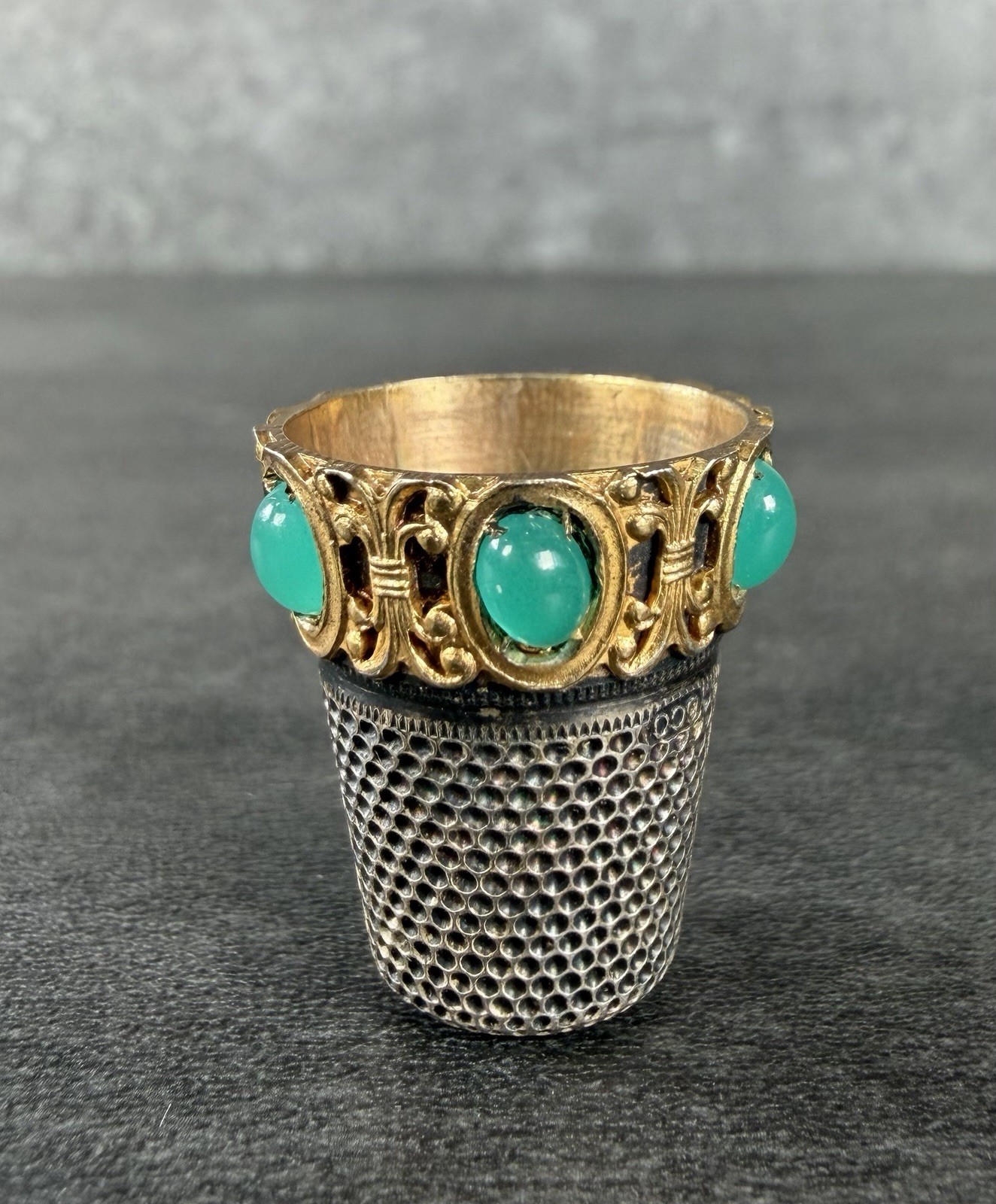 Antique 800 Silver Thimble w/ Green Stones Gold Plating 4.2 Grams