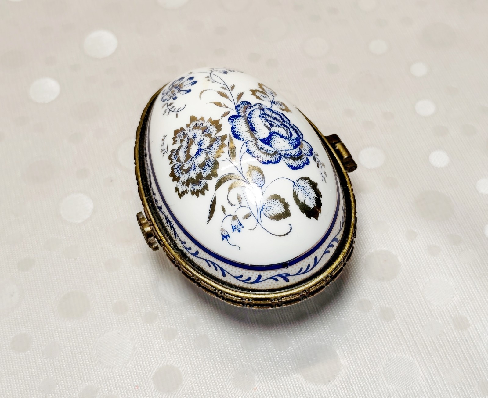 Limoges Style Vintage Porcelain Trinket Box Cobalt Blue Floral Egg Jewelry 3.1″