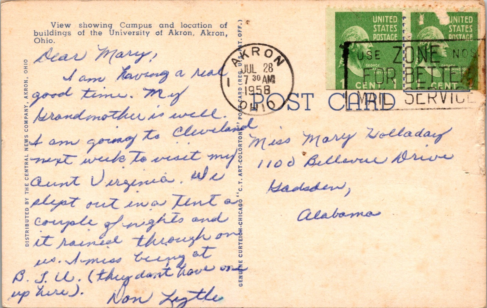 Aerial View University Of Akron Ohio Linen Post Card Posted 1958