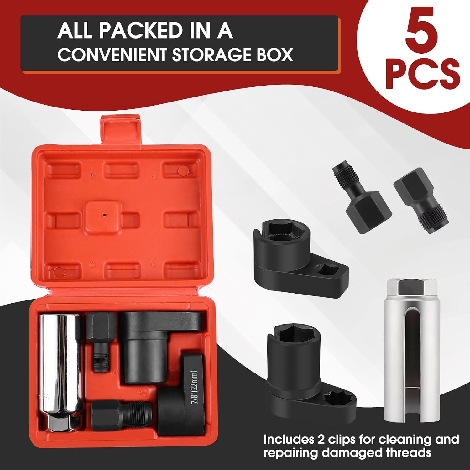 5PCS O2 Oxygen Sensor Socket Set, 1/2 & 3/8 in Drive, 7/8 in (22mm), Premium Rem