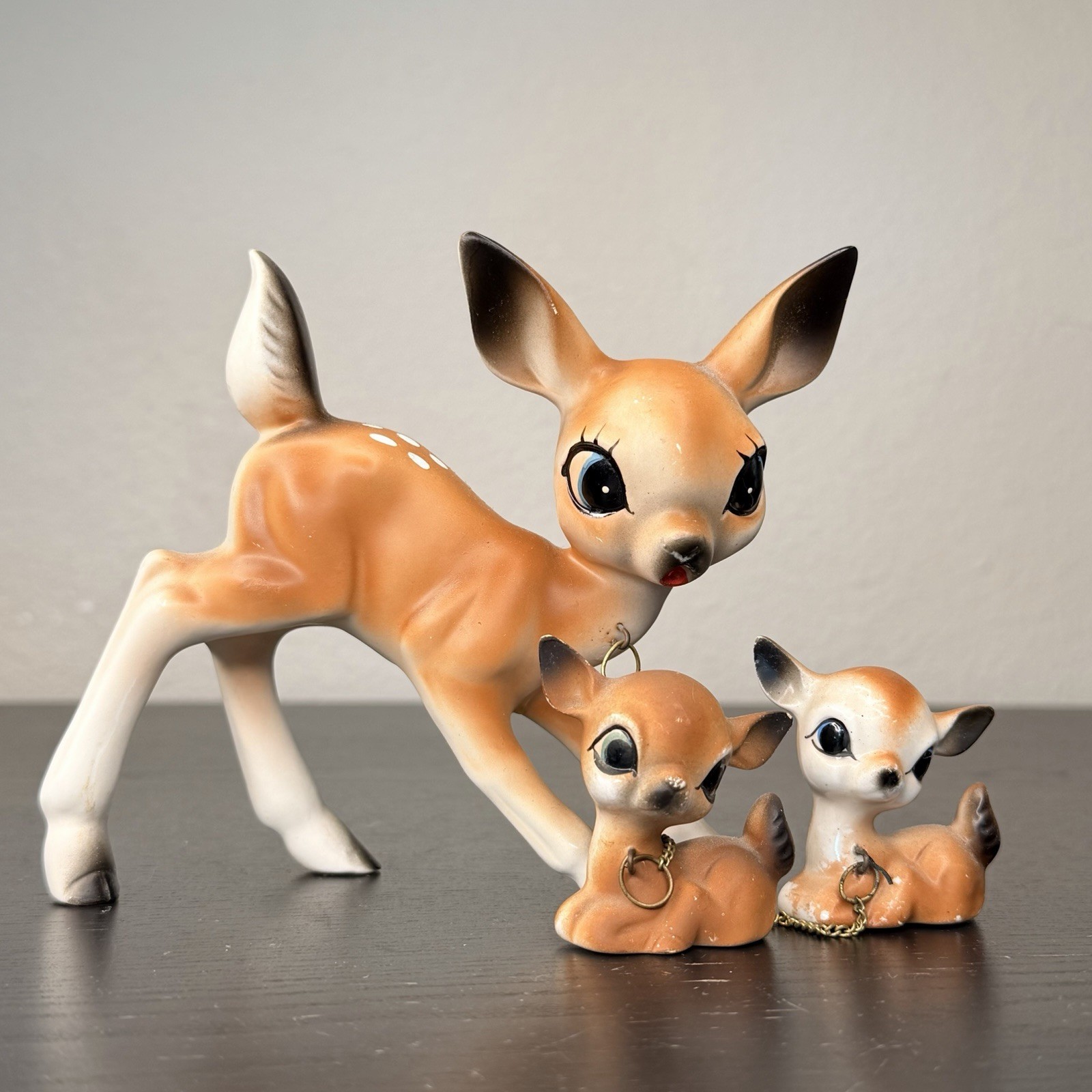 Vintage MCM Ceramic Deer Family Chained Figurine Set Doe Fawns Japan Kitsch