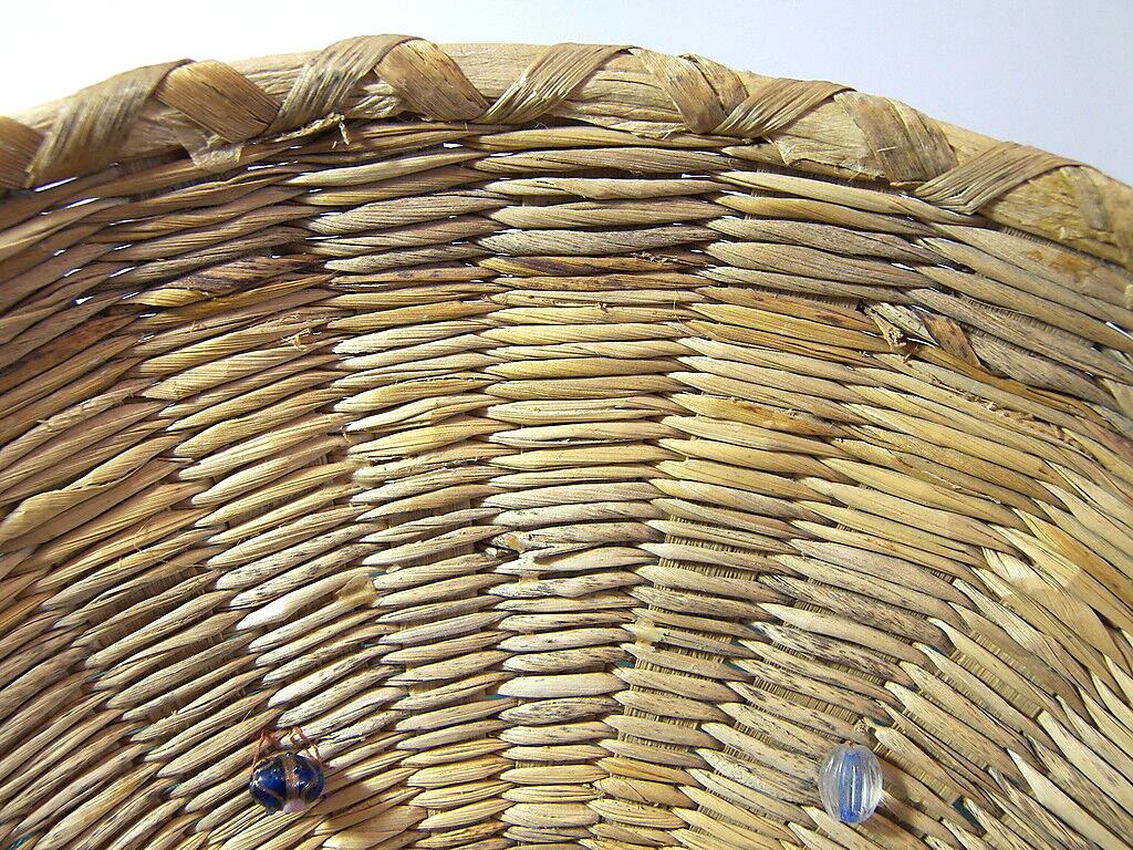 Hand Made Woven Basket with Glass Beads Signed 15.75 x 4 inches
