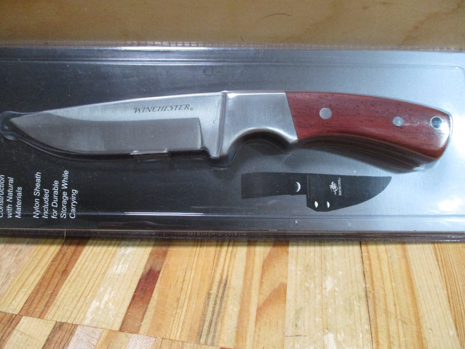 Winchester 7.75 Wood Inlay Handle Fixed Blade Knife and Nylon Sheath