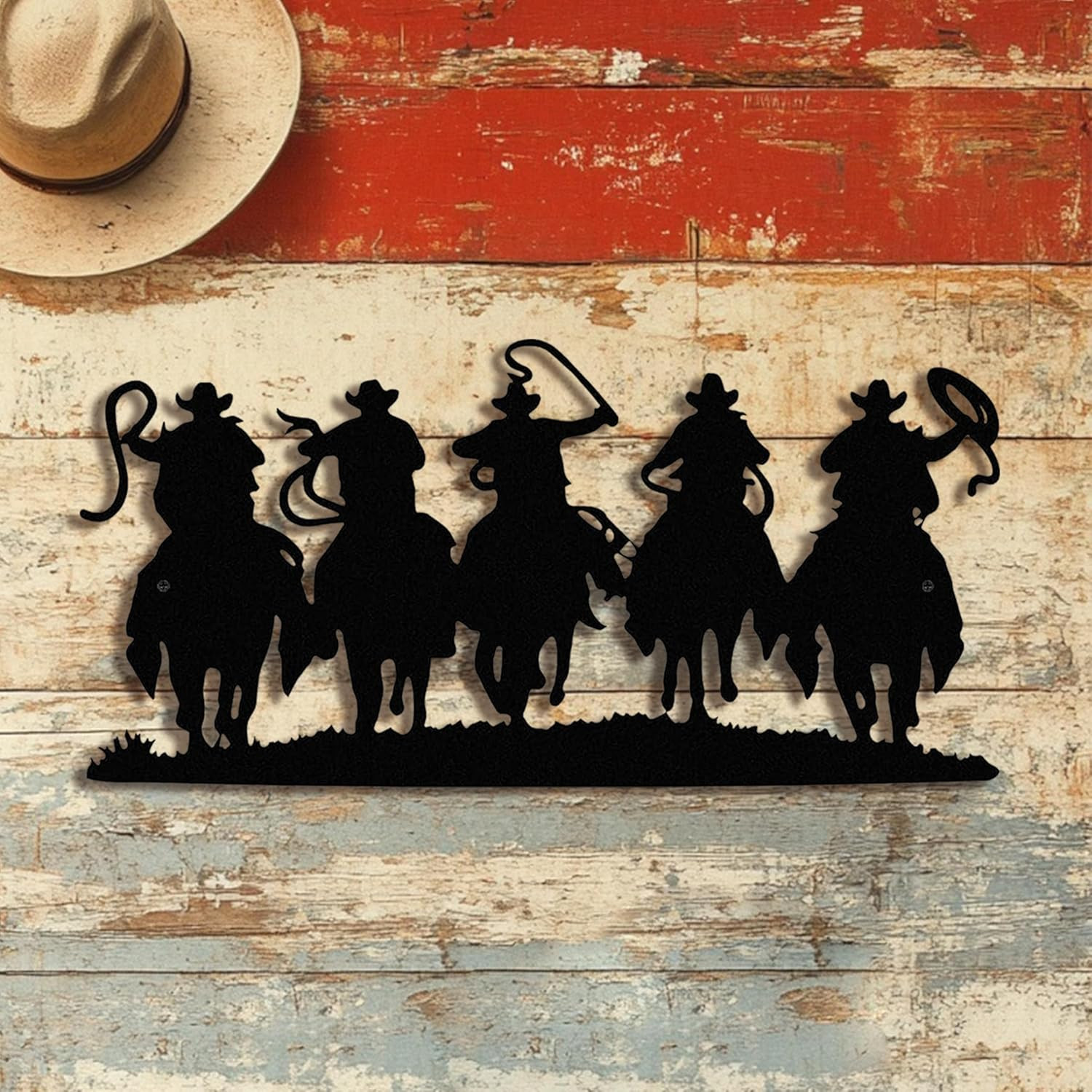3D Vintage Western Wall Decor,Black Metal Cowboy Wall Art Hanging Riding Rustic