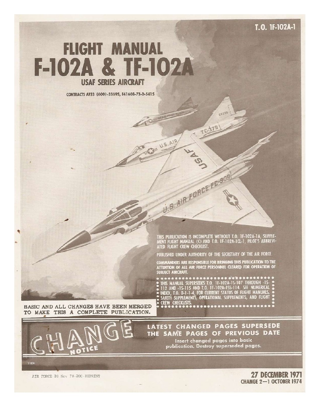 1971 TO 1-F-102A-1 Flight Manual F-102A / TF-102A Delta Dagger 424-page PDF DVD