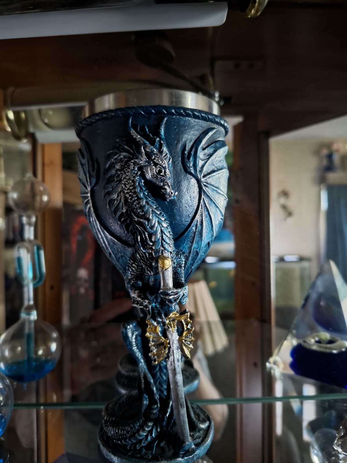 Fantasy Dragon Design Goblet Chalice Cup w/ Stainless Steel Liner Blue/Black