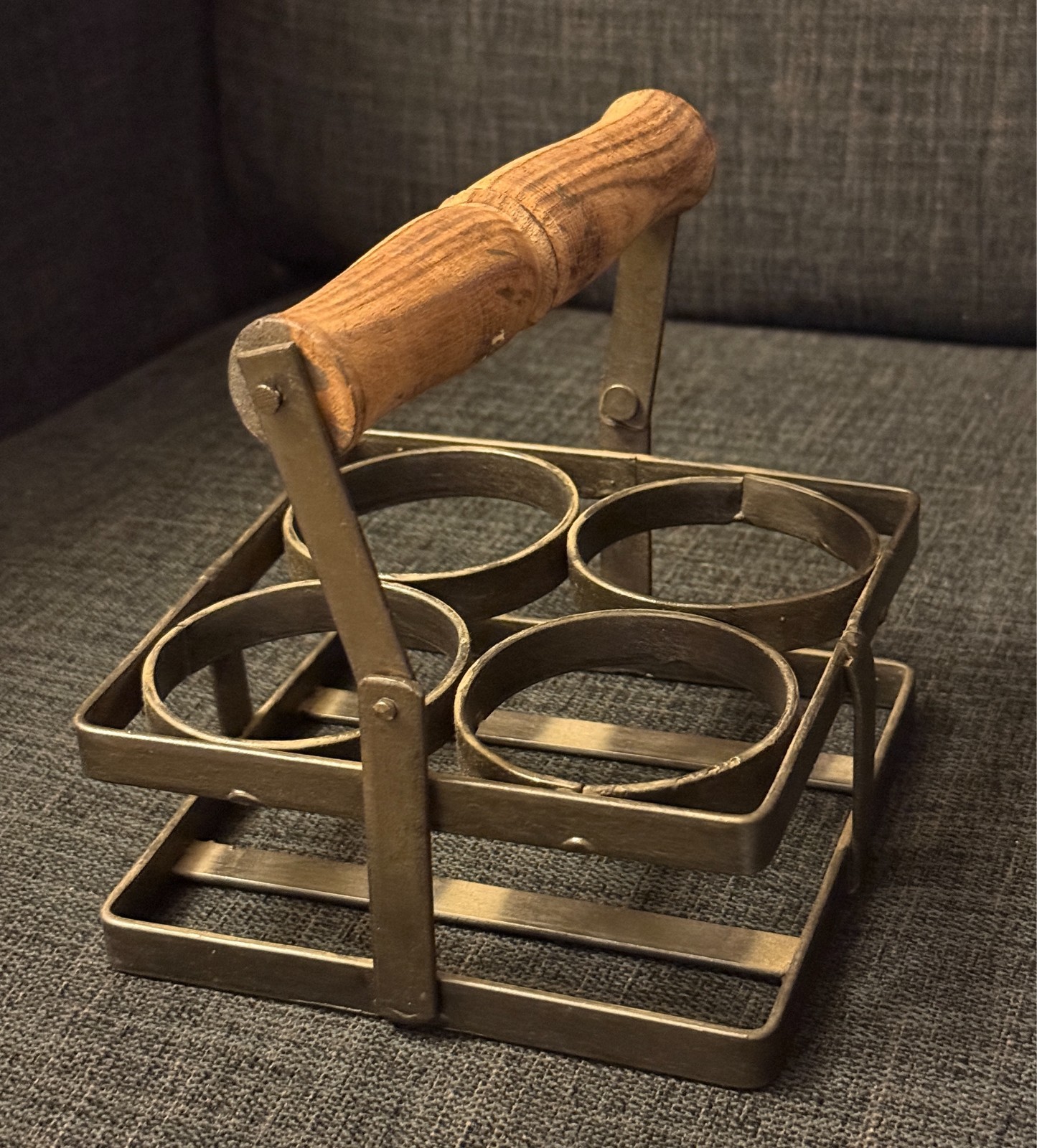 Vintage Metal Caddy w Wood Handle 4 Bar Shot Glass Carrier Condiment Caddy Serve