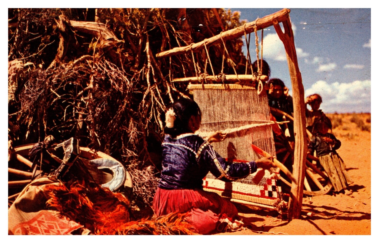 NM New Mexico Navajo Woman Weaving Chrome Postcard