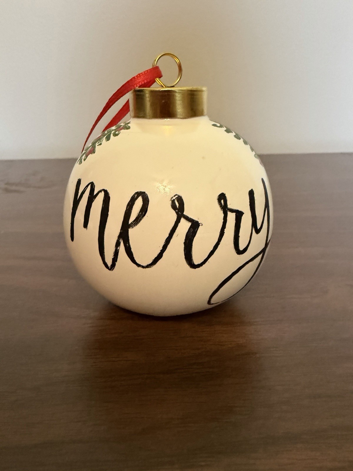 Hand Painted Ceramic Christmas Ball Ornament “Merry” Cream White Holly Berries