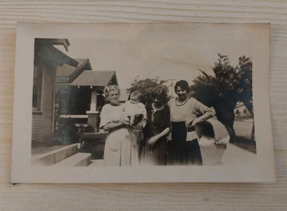 Vintage 1920s Photo Women Holding Baby Outside House Family Flapper Snapshot VTG