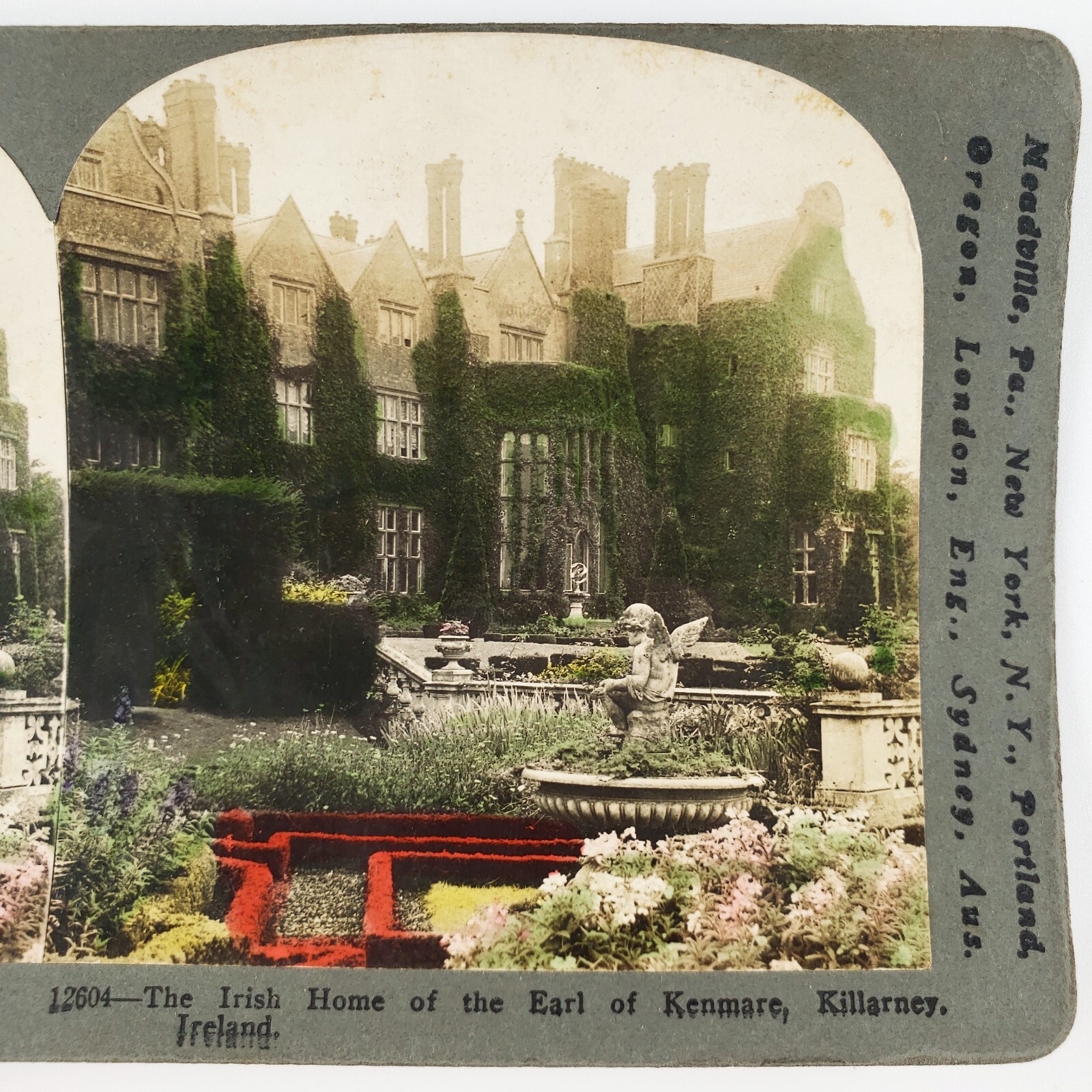 Tinted Killarney Kenmare House Stereoview 1920s Irish Home Garden Fountain C1848