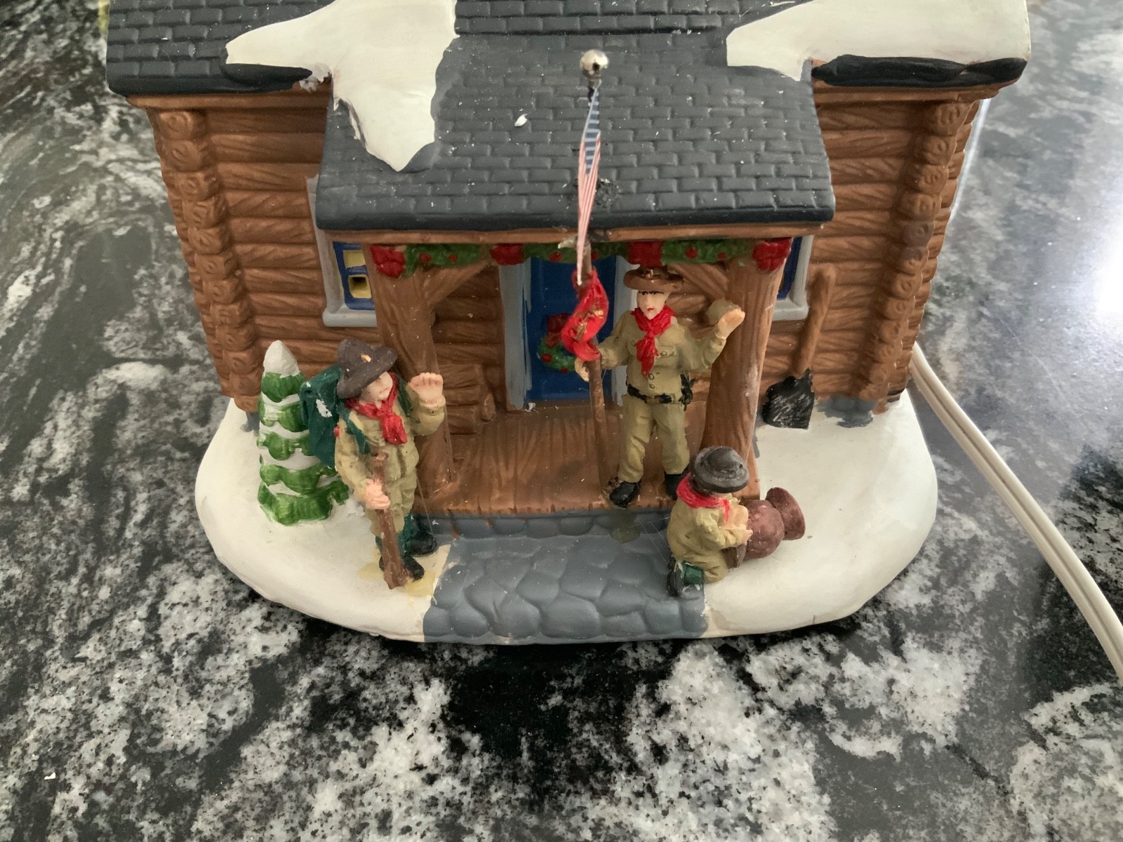 Boy Scouts of America Christmas Village Log Cabin Set Lights Up Complete RARE