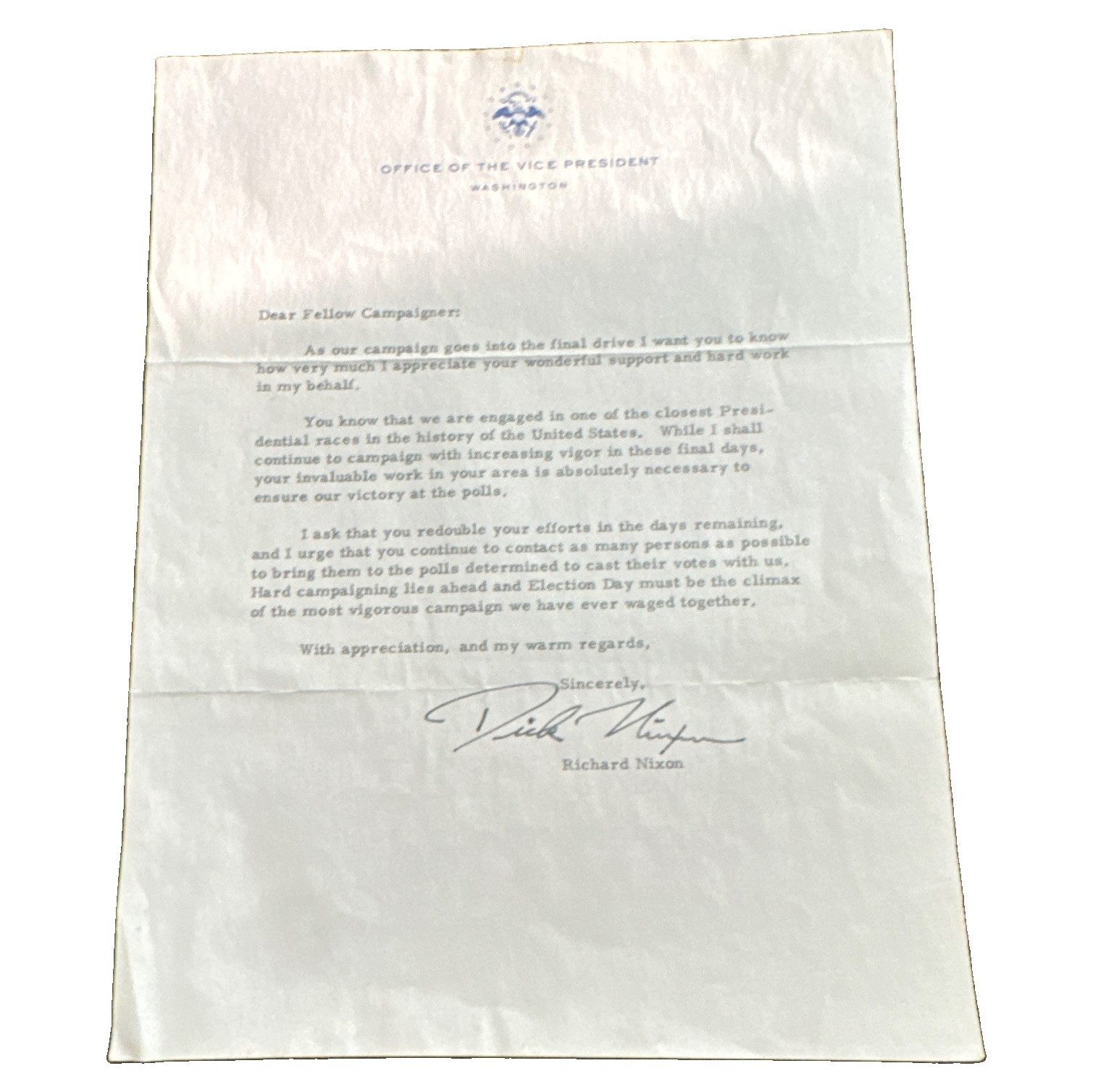 Richard Nixon Signed Office of the Vice President Letter – Not Authenticated