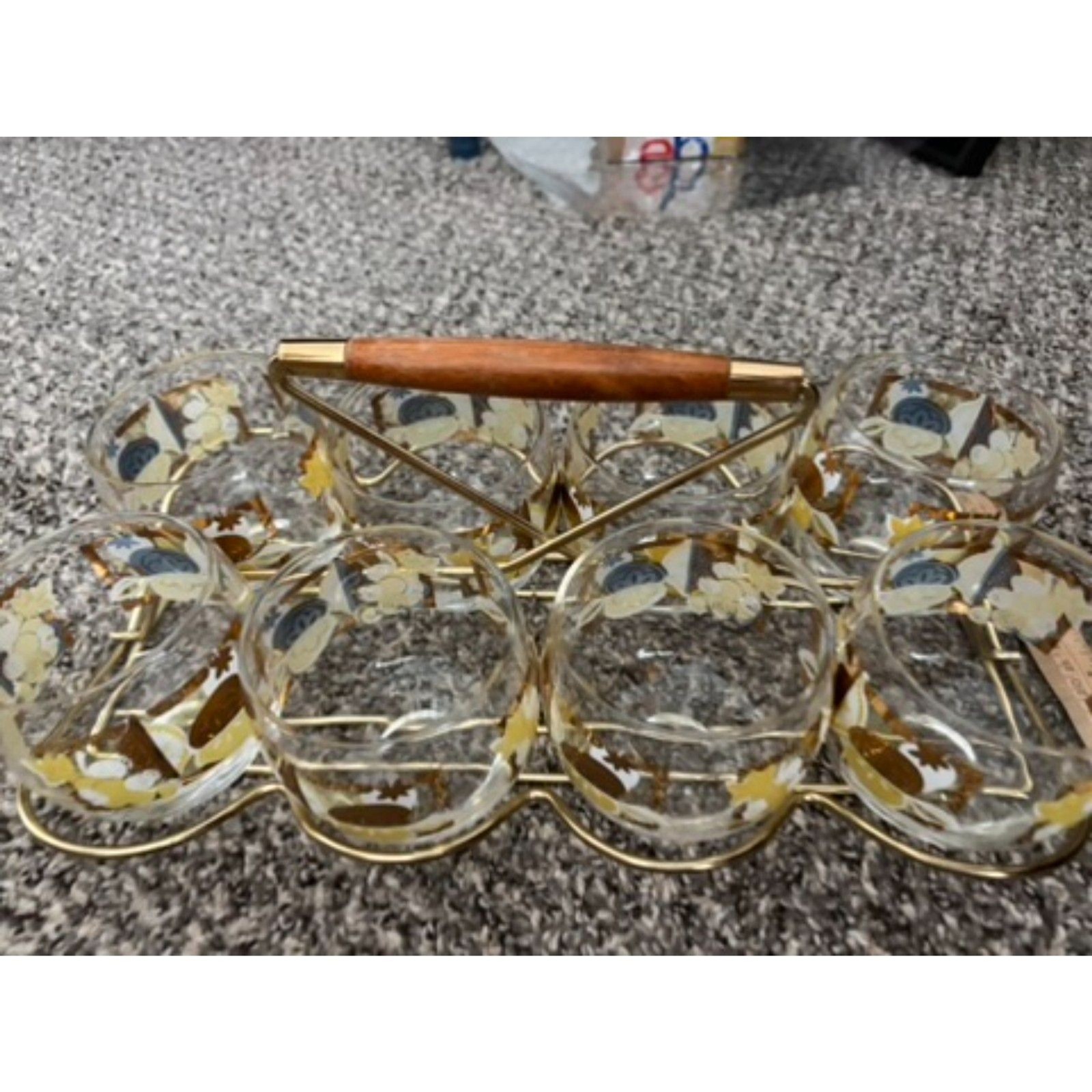 Vintage MCM Gold Leaf Barware glasses eith carrier set of 8