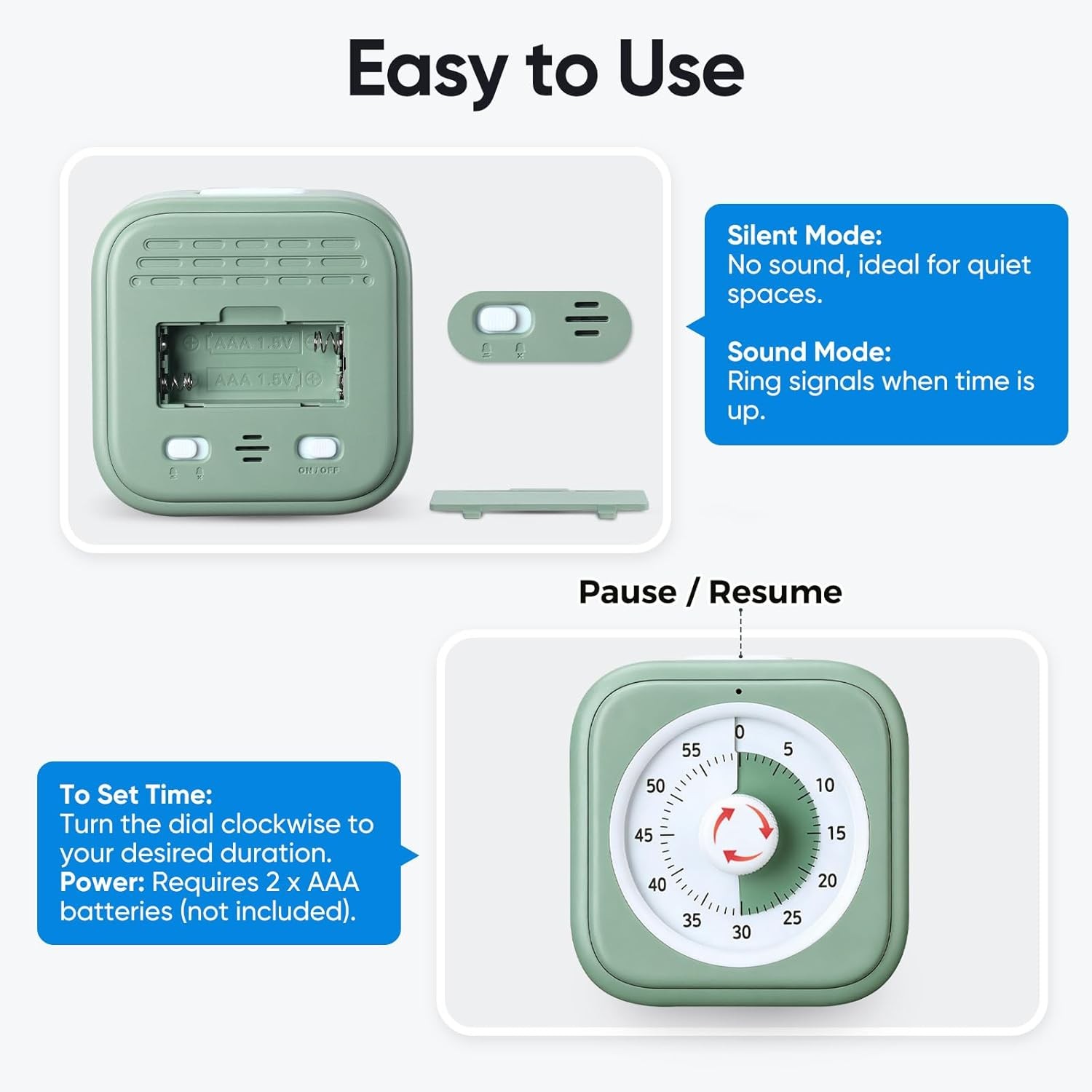 Green 60 Minute Visual Timer Silent Countdown Clock