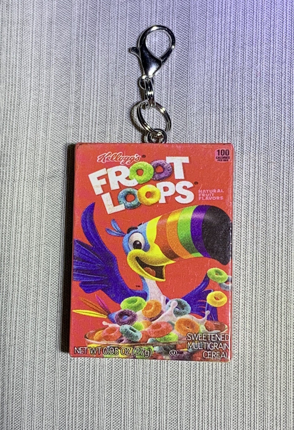 3D Froot Loops Double Sided Cereal Box Charm Zipper Pull & Keychain Add On Clip