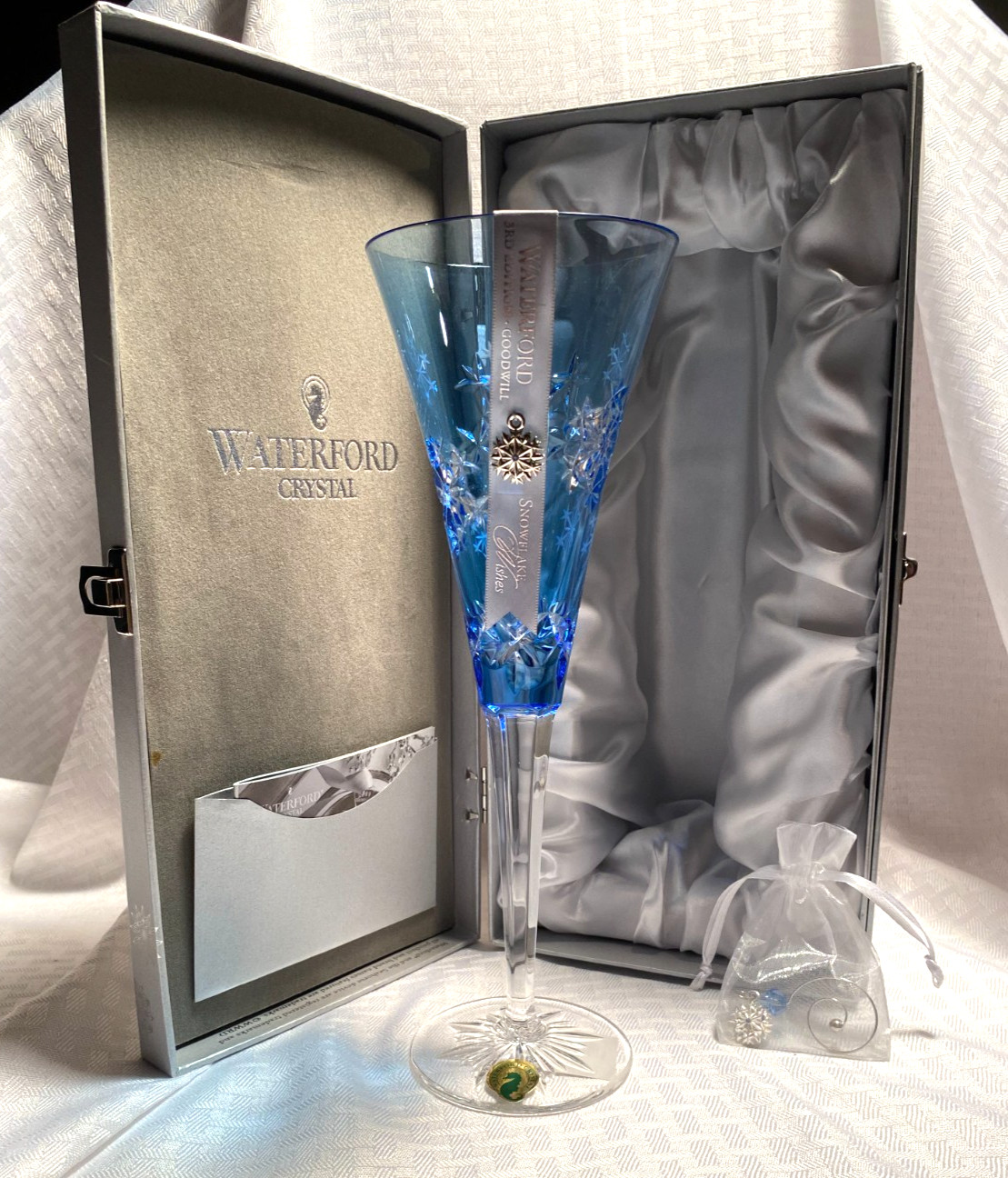 WATERFORD 2013 GOODWILL FLUTE LIGHT BLUE CUT TO CLEAR CRYSTAL SNOWFLAKE HUNGARY