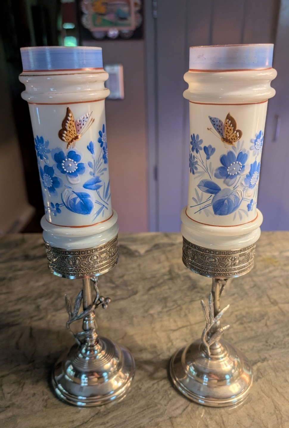 ANTIQUE VICTORIAN SILVERPLATE AND ENAMEL GLASS VASES WITH BUTTERFLIES