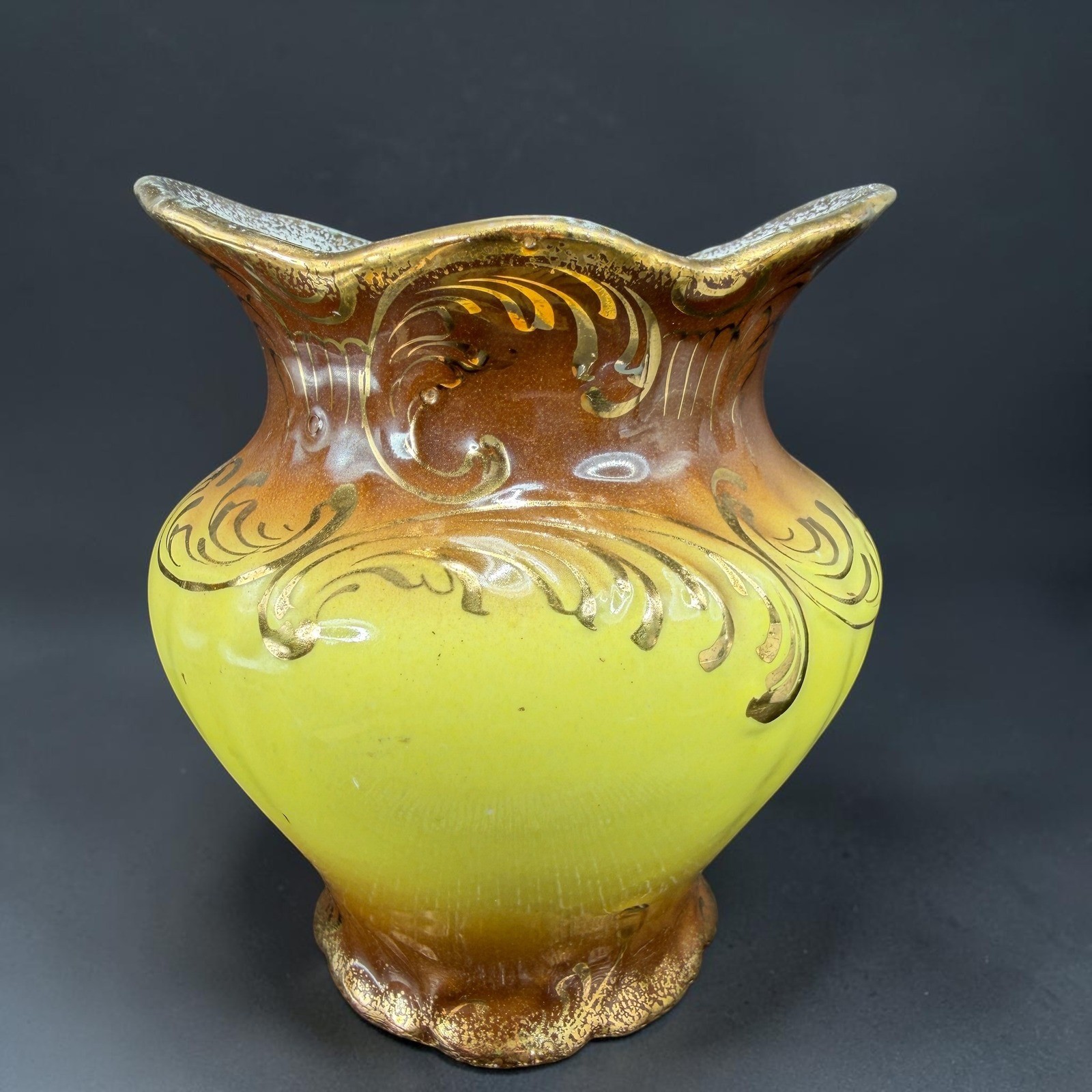 Vintage Verona VPCO Porcelain Vase Yellow Brown Ombre Gold Gilt Filigree Vessel