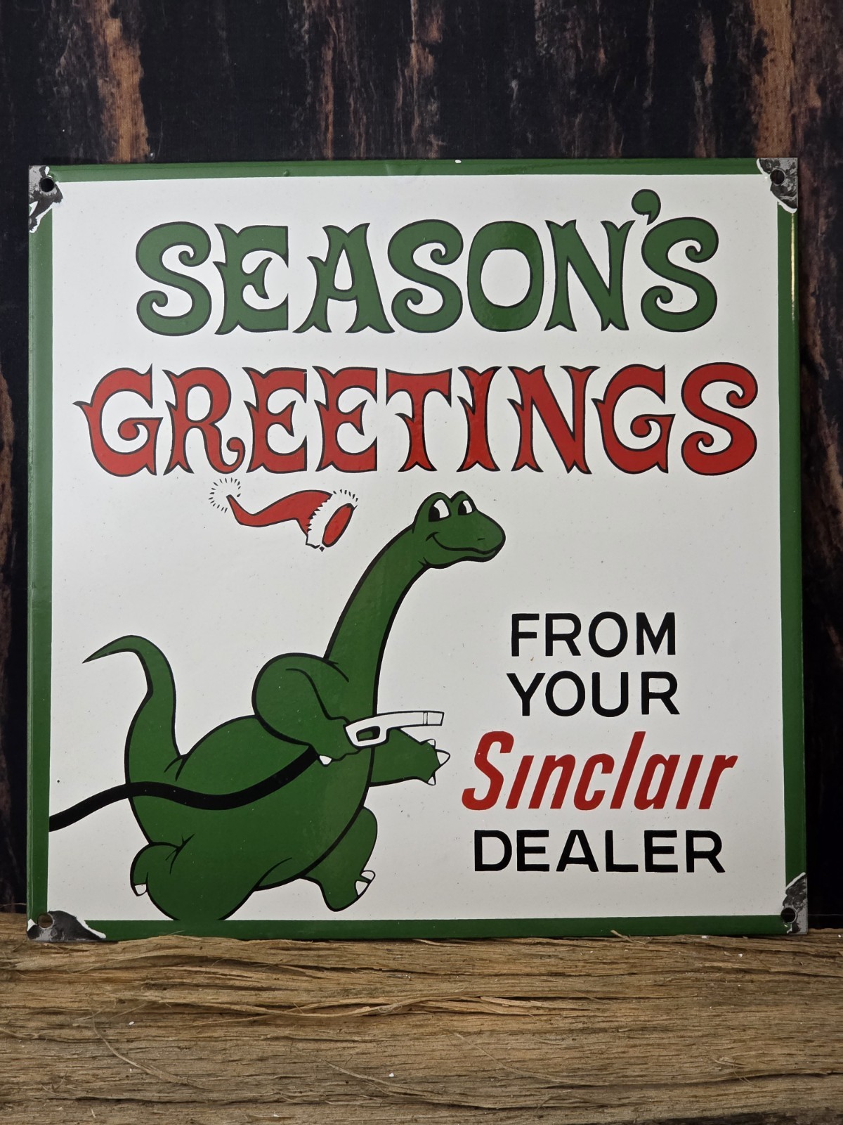 VINTAGE SINCLAIR DEALER SEASONS GREETINGS PORCELAIN SIGN GAS PUMP SIGN 12″ X 12″