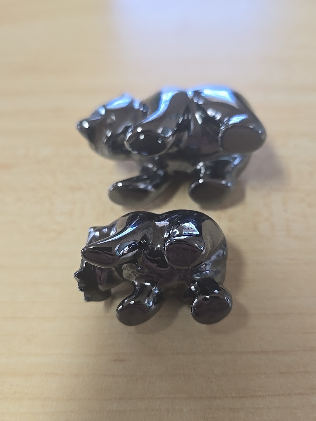 Hematite Miniature Bear Holding Fish Figurine W/Adult Bear (Lot Of 2)