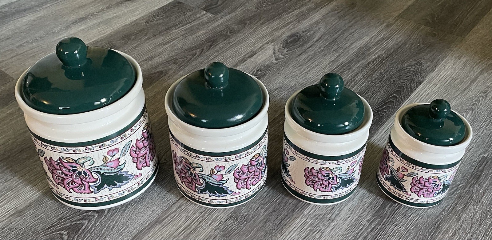 Preferred Stock ‘Paisley Garden” Canister Set Of 4 Green Pink White Vintage Read