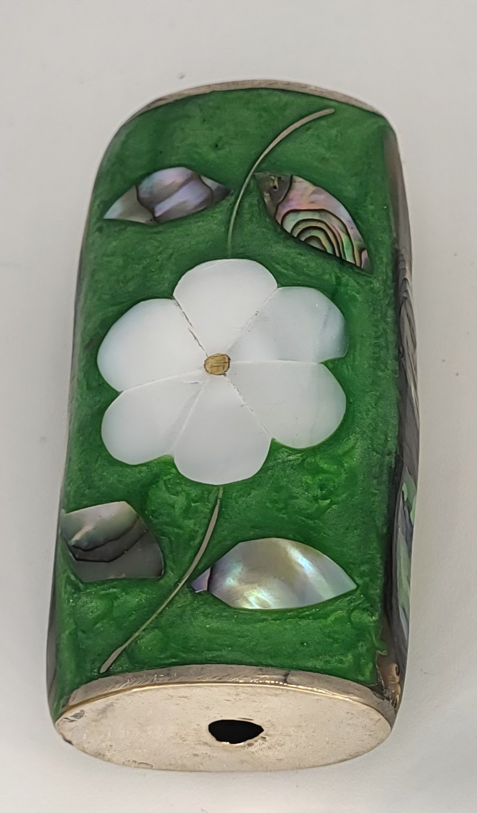 MEXICO ALPACA SILVER GREEN ABALONE SHELL FLOWER INLAY BIC LIGHTER HOLDER CASE