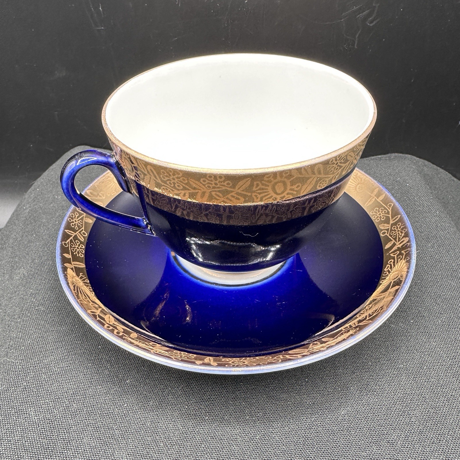 Vtg Lomonosov LFZ Russian USSR Cobalt Blue Gold Gilt Tea Cup Saucer Porcelain