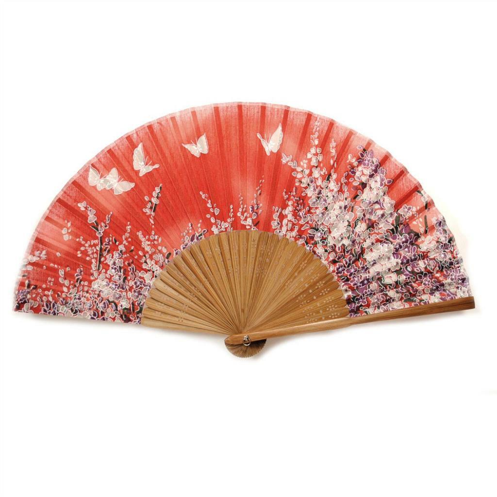 SILK HAND FAN 8″ Red Butterfly Garden High Quality Elegant Folding Pocket Purse