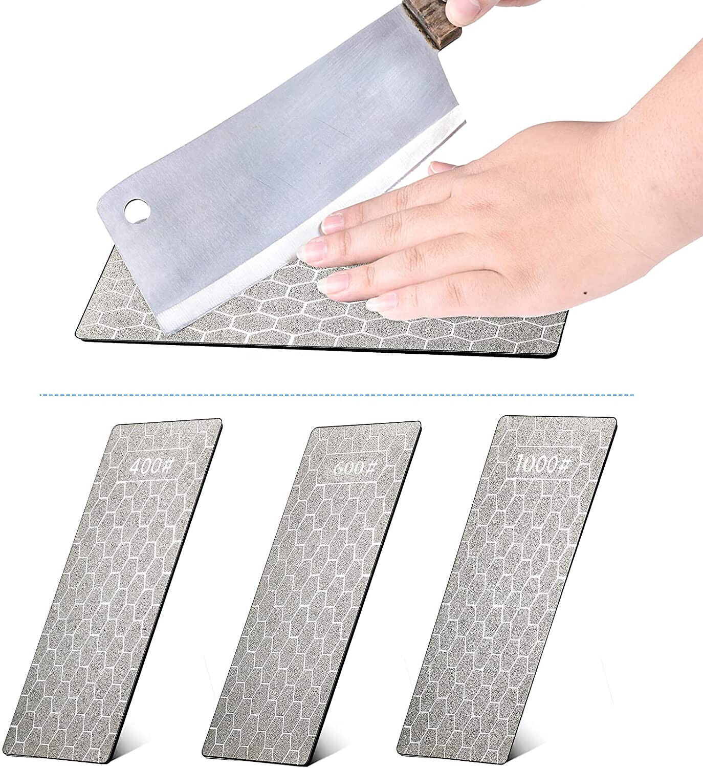 3PCS Diamond Knife Sharpener Plate Honing Bench Stone 400/600/1000 Grit Kit Set