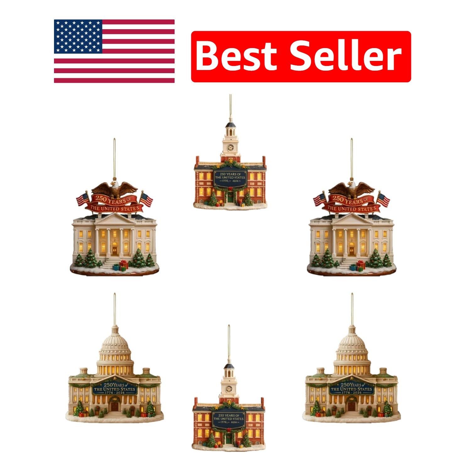 Classic 250th Anniversary USA Ornaments – Set of 6 Acrylic Collectibles
