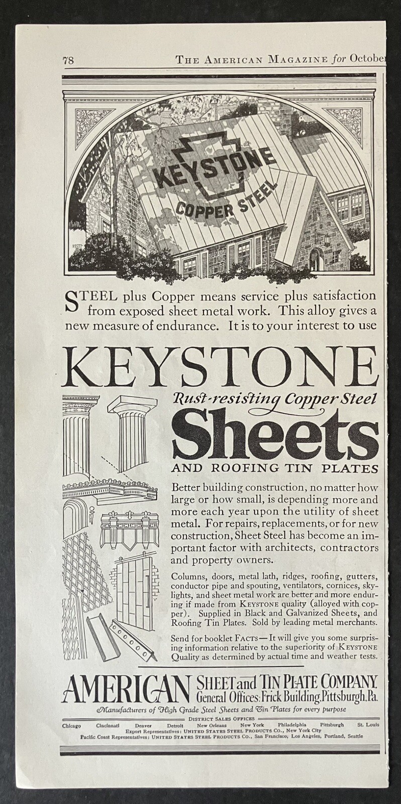 1927 Keystone Rust-Resisting Copper Steel Sheets Roofing Tin Plates Vtg Print Ad